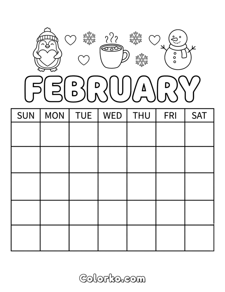 Free February Calendar Coloring Page (Free PDF) | Colorko