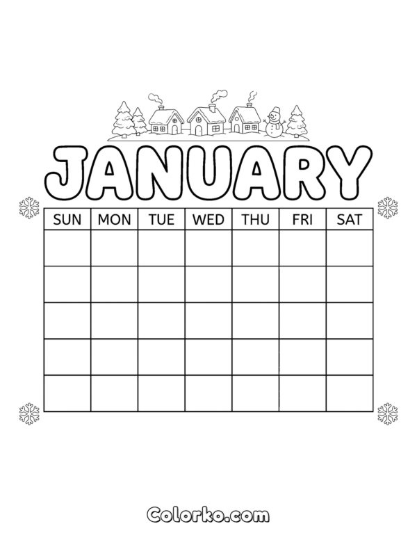 Free January Calendar Coloring Page (Free PDF) | Colorko