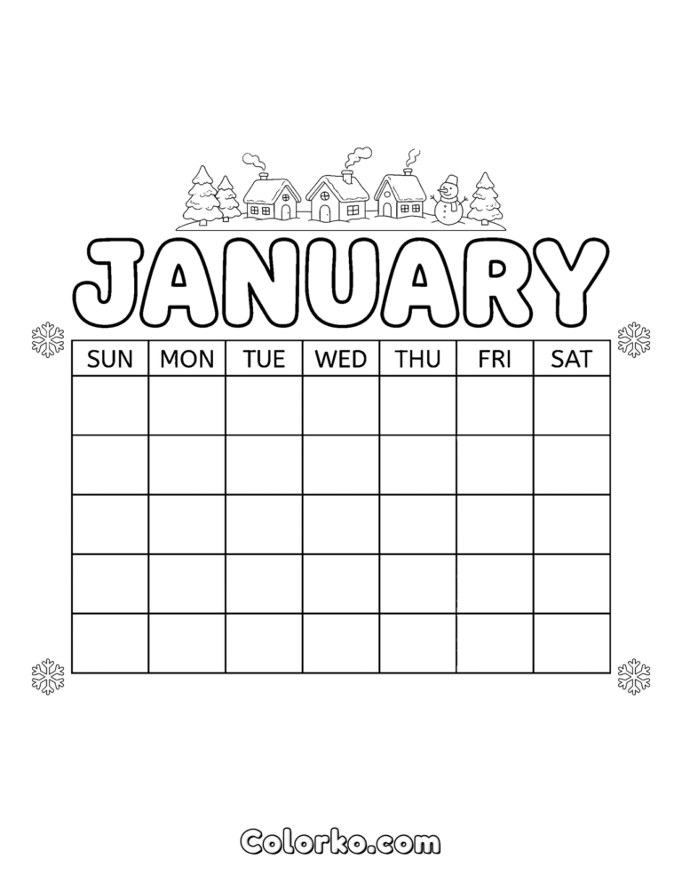 Free January Calendar Coloring Page (Free PDF) | Colorko