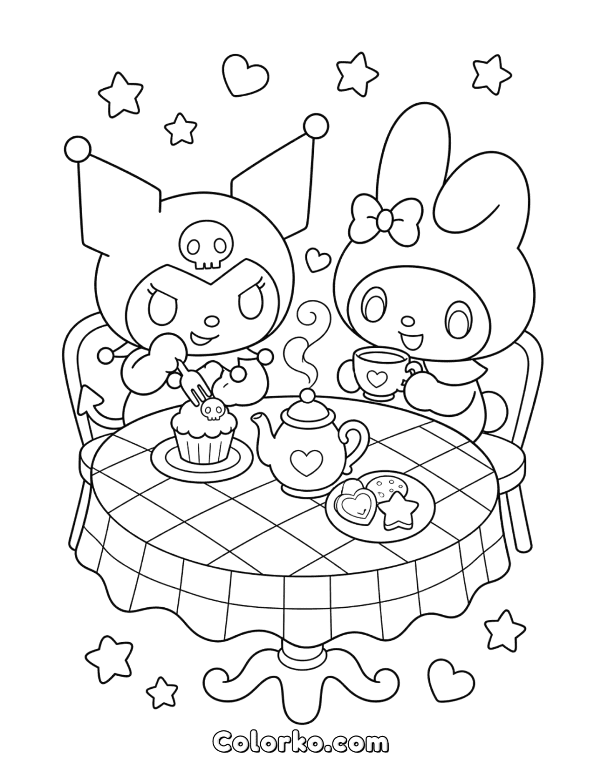 Free Kuromi & My Melody Tea Party Coloring Page | Colorko