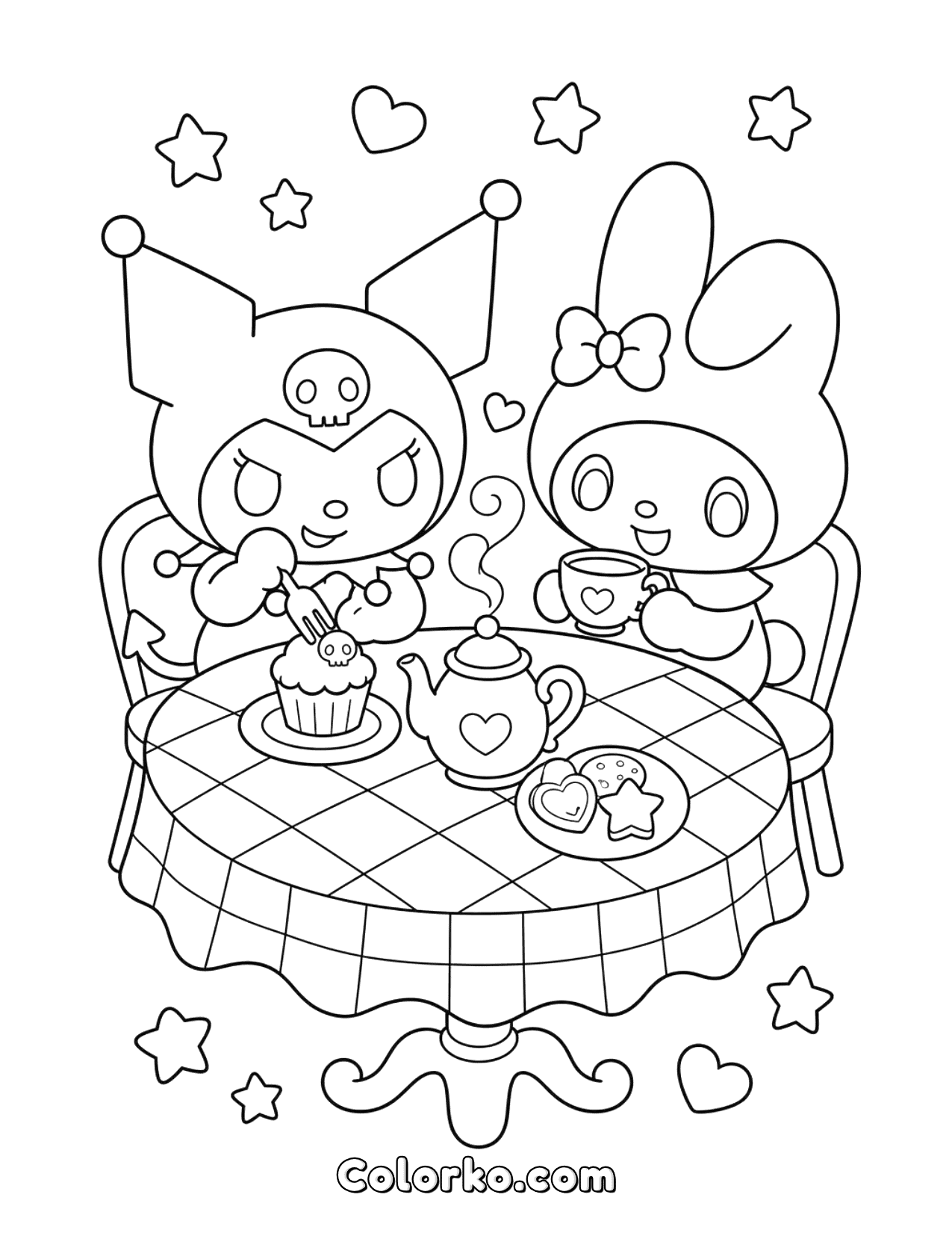 Free Kuromi & My Melody Tea Party Coloring Page | Colorko
