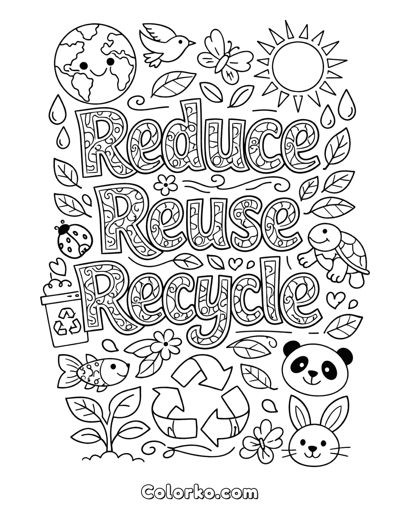Earth Day Reduce Reuse Recycle Coloring Page