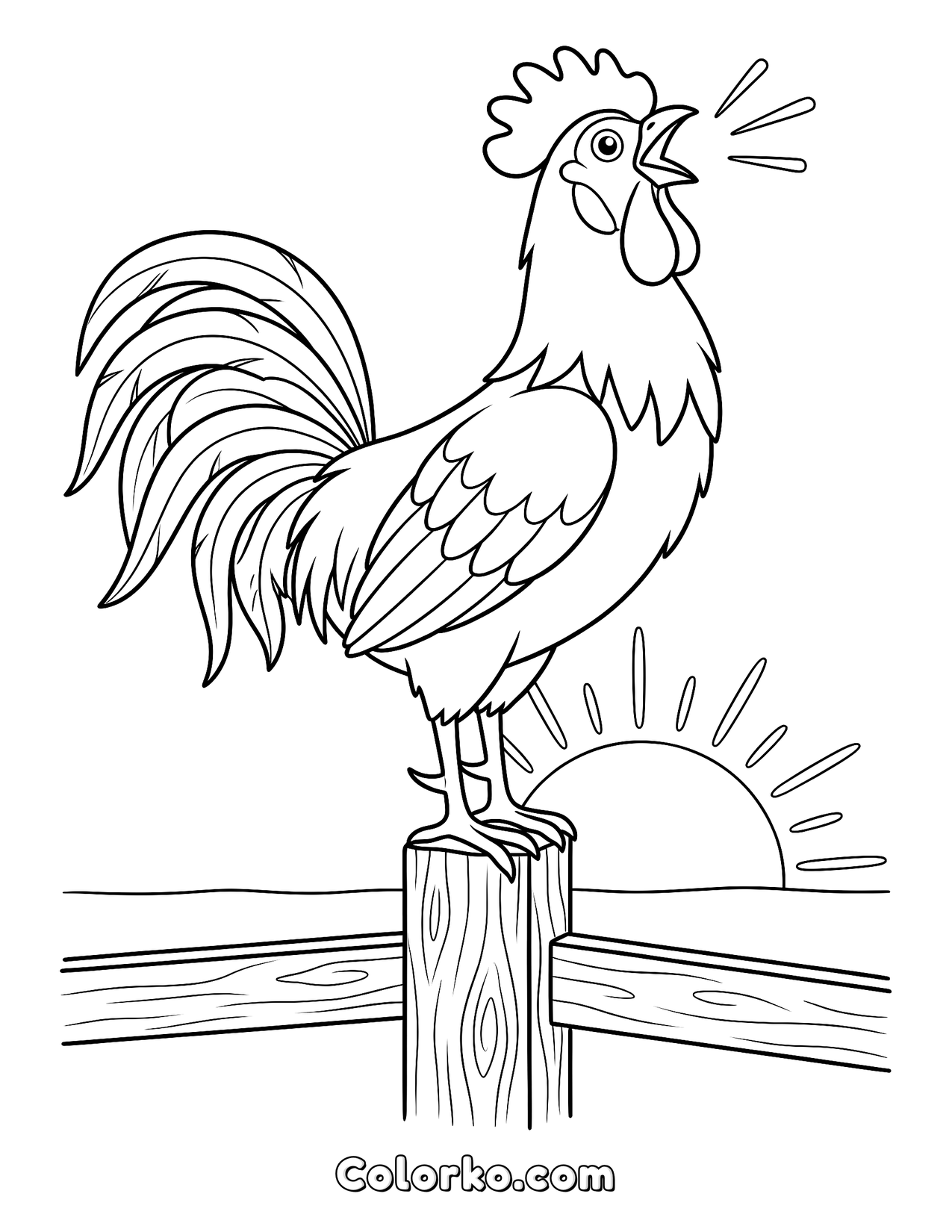 Rooster Coloring Page — Crowing at Sunrise (Free) | Colorko