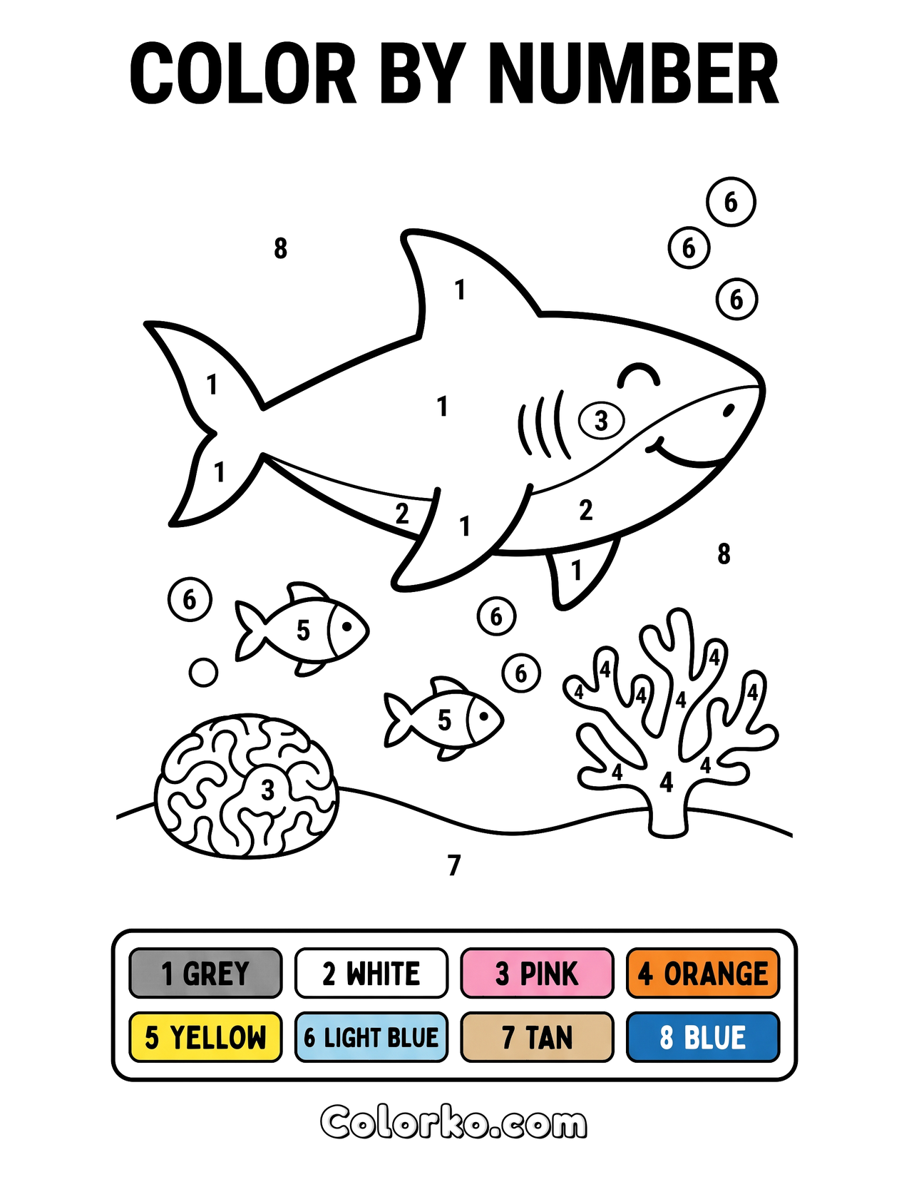Shark Color by Number (Free Printable) | Colorko